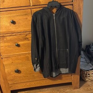 Black Zip-Up Hoodie with Striped Cuffs